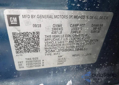 2019 Chevrolet Trax Lt z USA, uszkodzony, nr VIN 3GNCJPSB0KL184614